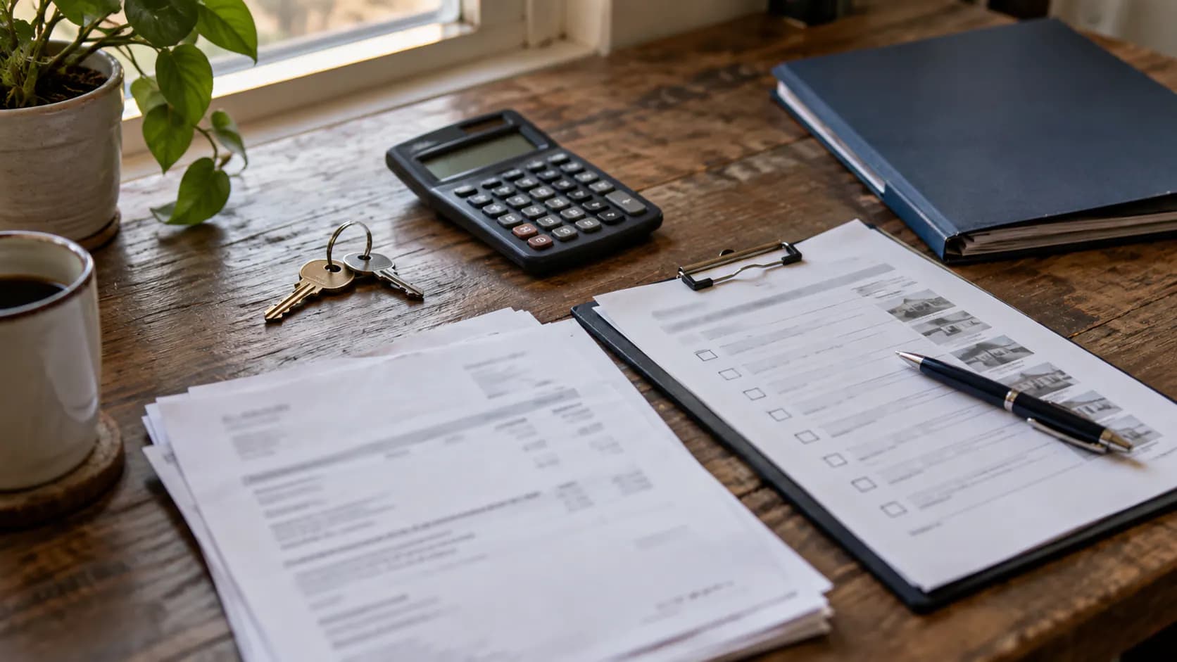 Property-management records, inspection checklist, calculator, and keys on a working table