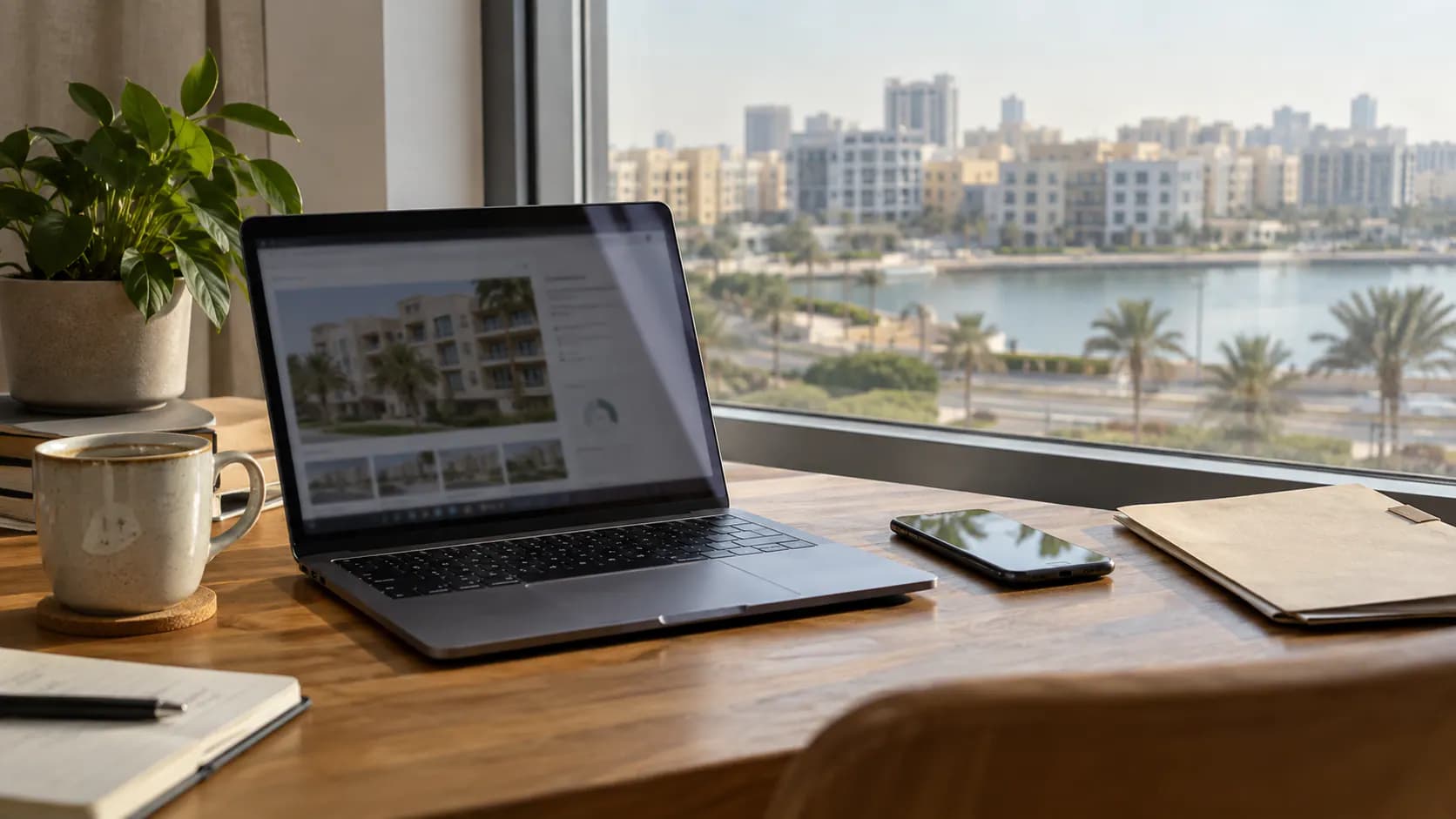 Laptop and property records used for remote oversight beside a Sharjah city view